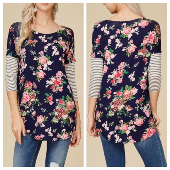 Tops - NEW  NAVY RAGLAN MIXED PRINT ROSE TOP